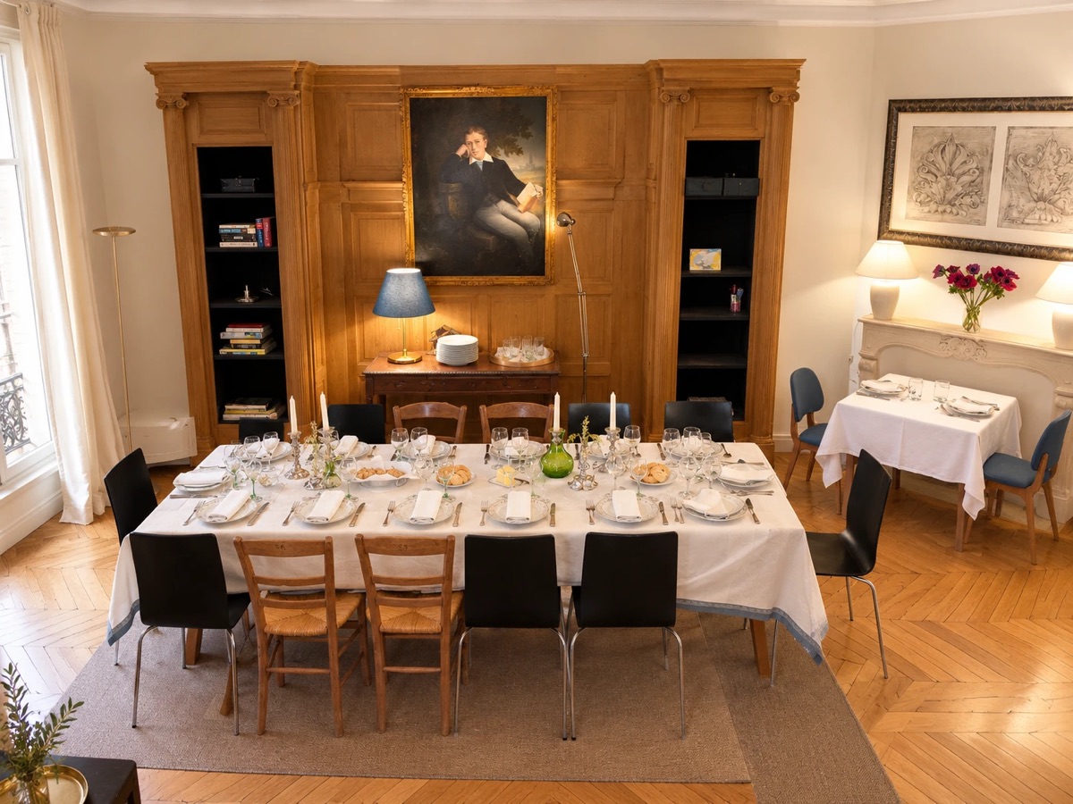 Salle à manger dressée devant des boiseries, parquet en point de Hongrie